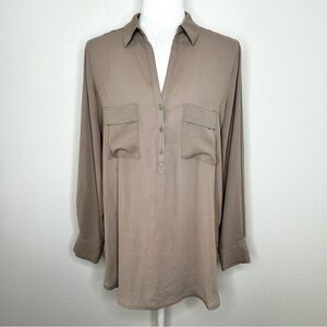Pleione Womens Tan Collared V-Neck Long Sleeve Tunic Top Blouse Size S